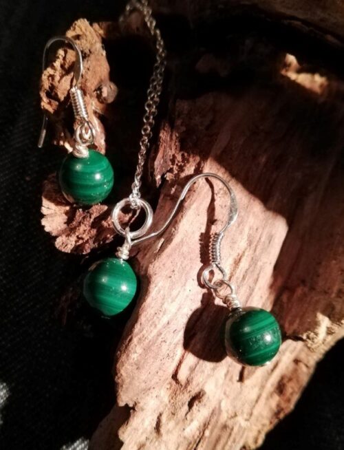 Malachite Sterling Silver Pendant And Earring Set
