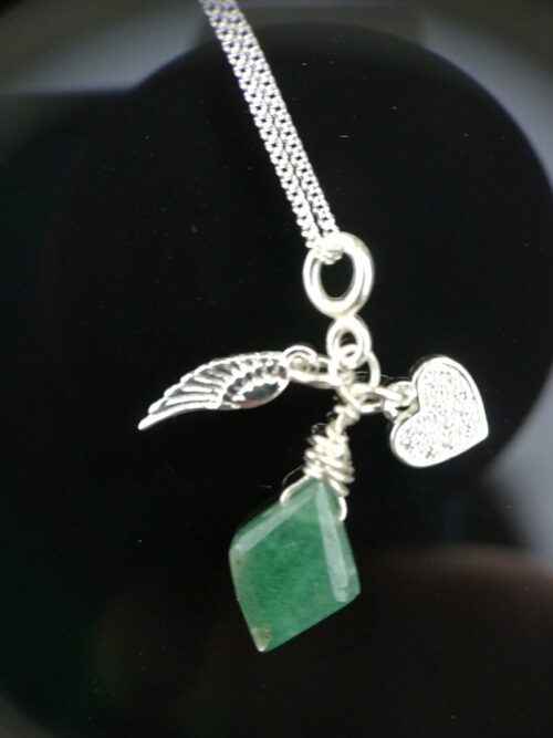 Emerald, heart and wing necklace