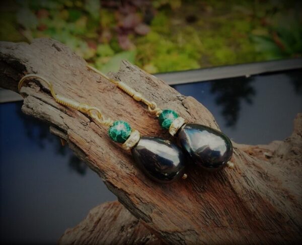 black shell pearl earrings green gemstone