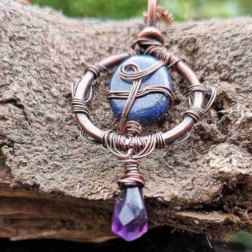 wire wrapped Lapis Lazuli pendant necklace with Amethyst