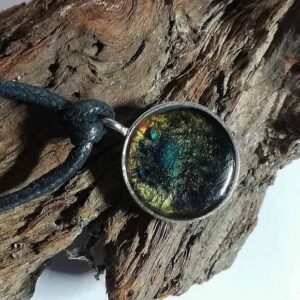 Galaxy pendant blue green colours silver bezel frame setting black cord necklace