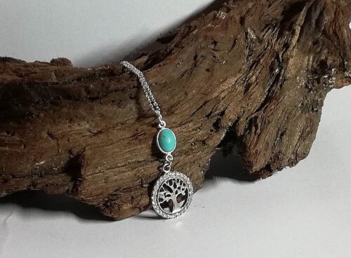 Elegant necklace, blue green Turquoise stone with Sterling Silver Tree of Life pendant on a Sterling Silver chain.