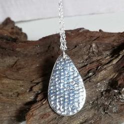 Fine silver large oval teardrop pendant necklace textured back