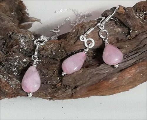 Rose Quartz pear drops, sterling silver necklace and earrings