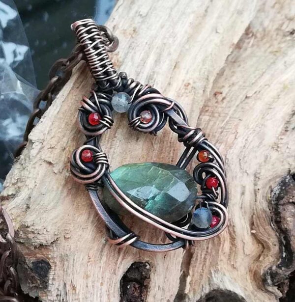 labradorite stone pendant wrapped in copper wire