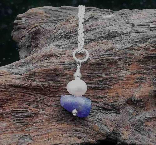 blue Tanzanite white pearl sterling silver pendant necklace