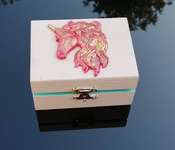 Dusty pink and turquoise trinket box with red gold Unicorn head on lid