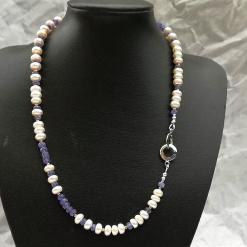 blue tanzanite white pearl sterling silver necklace
