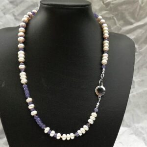 blue tanzanite white pearl sterling silver necklace