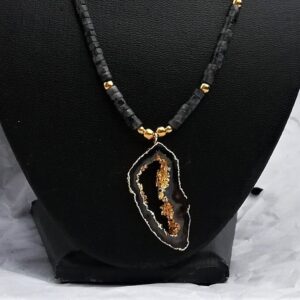 black grey gemstones gold beads agate slice necklace