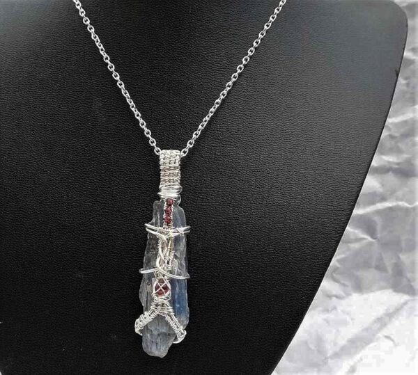 kyanite garnet wire wrapped pendant necklace