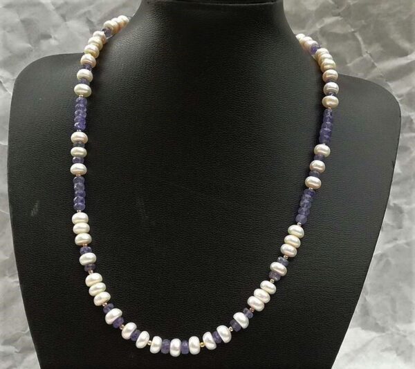 blue cut stones, white button pearls sterling silver beads necklace.