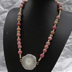 pink and gold gemstone necklace with large quartz focal bead