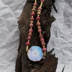 pink gemstones,gold beads, mystic coated blue sheen quartz