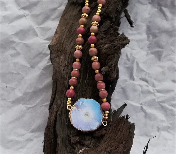 pink gemstones,gold beads, mystic coated blue sheen quartz