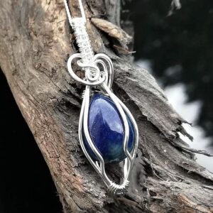 lapis lazuli blue stone with sterling silver wire pendant necklace