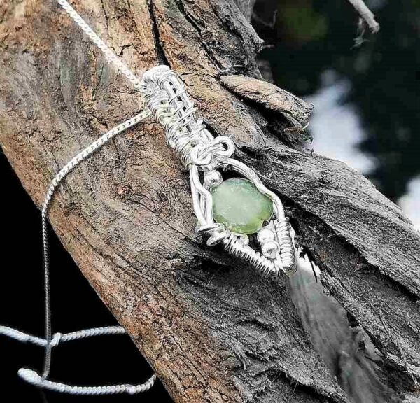 green Jadeite sterling silver wire wrapped pendant necklace back