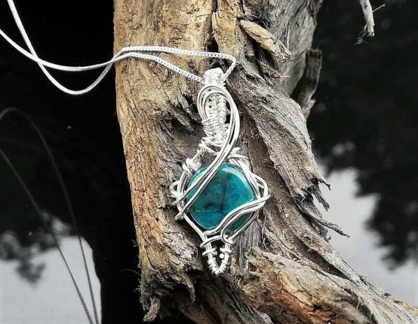 blue green chrysocolla stone in sterling silver wire, pendant necklace