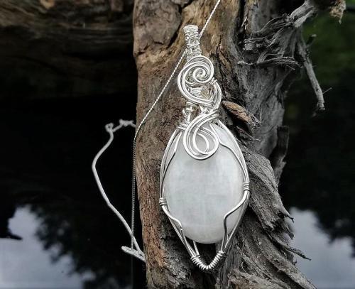 white moonstone sterling silver wire wrapped pendant elven celtic style