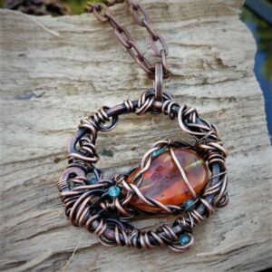 Celtic style copper wire pendant, Amber and blue Apatite