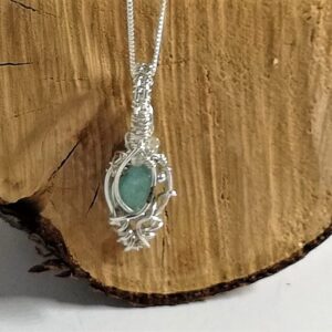 wire wrapped pendant necklace, sterling silver wire with blue green Grandiderite and clear white zircon gemstones