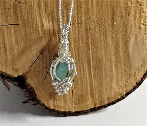 wire wrapped pendant necklace, sterling silver wire with blue green Grandiderite and clear white zircon gemstones