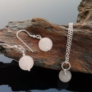 pale pink stone earrings and necklace on sterling silver and sterling silver chain