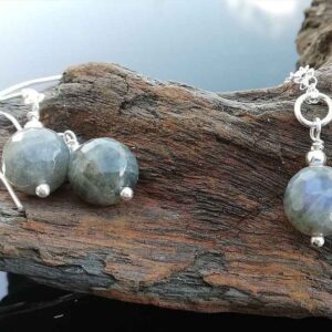 sterling silver necklace and earrings with grey labradorite stones