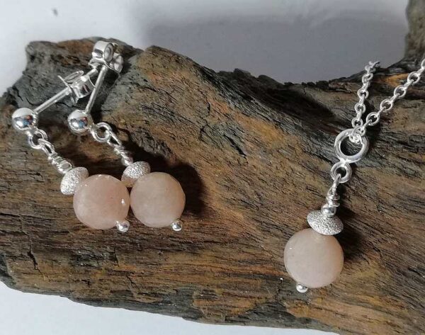 peach sunstone sterling silver necklace and earring set