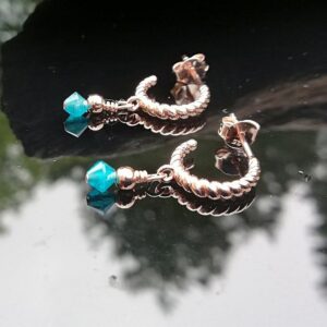 blue Apatite drop Rose Gold twisted curve hoop stud earrings with butterfly back.