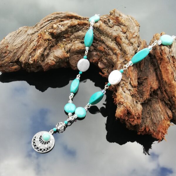 turquoise blue and white necklace with silver turquoise centre bead