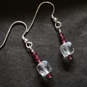 cubes of clear quartz, sparkly red Garnet, Sterling Silver earrings. handmade jewellery