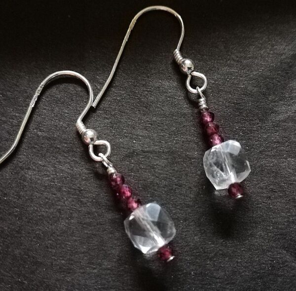 cubes of clear quartz, sparkly red Garnet, Sterling Silver earrings. handmade jewellery