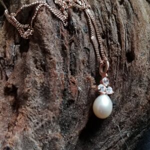 pearl drop 3 zircon stone necklace. rose gold on sterling silver