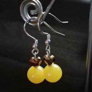 yellow beads, gold hearts, sterling silver earrings