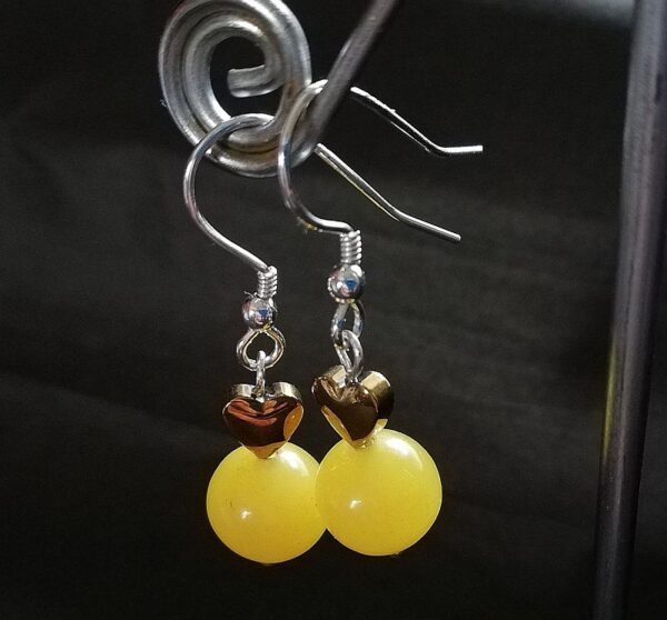 yellow beads, gold hearts, sterling silver earrings