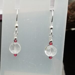 Clear quartz disc with red garnet earrings, sterling silver