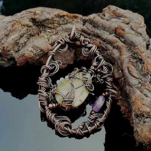 yellow opal, lavender amethyst and small white agate stones wrapped in copper wire. large pendant