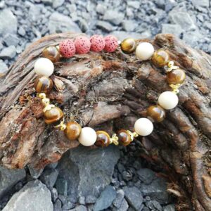 tigers eye, cream riverstone bead and red brown porus lava bead bracelet